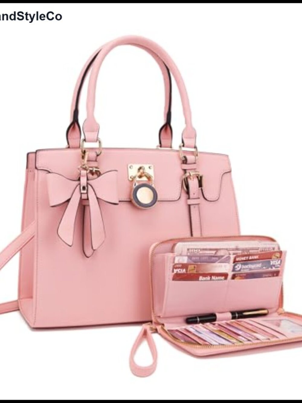 Women Vegan Leather Satchel Tote Handbag Wallet Set with Gold Hardware
